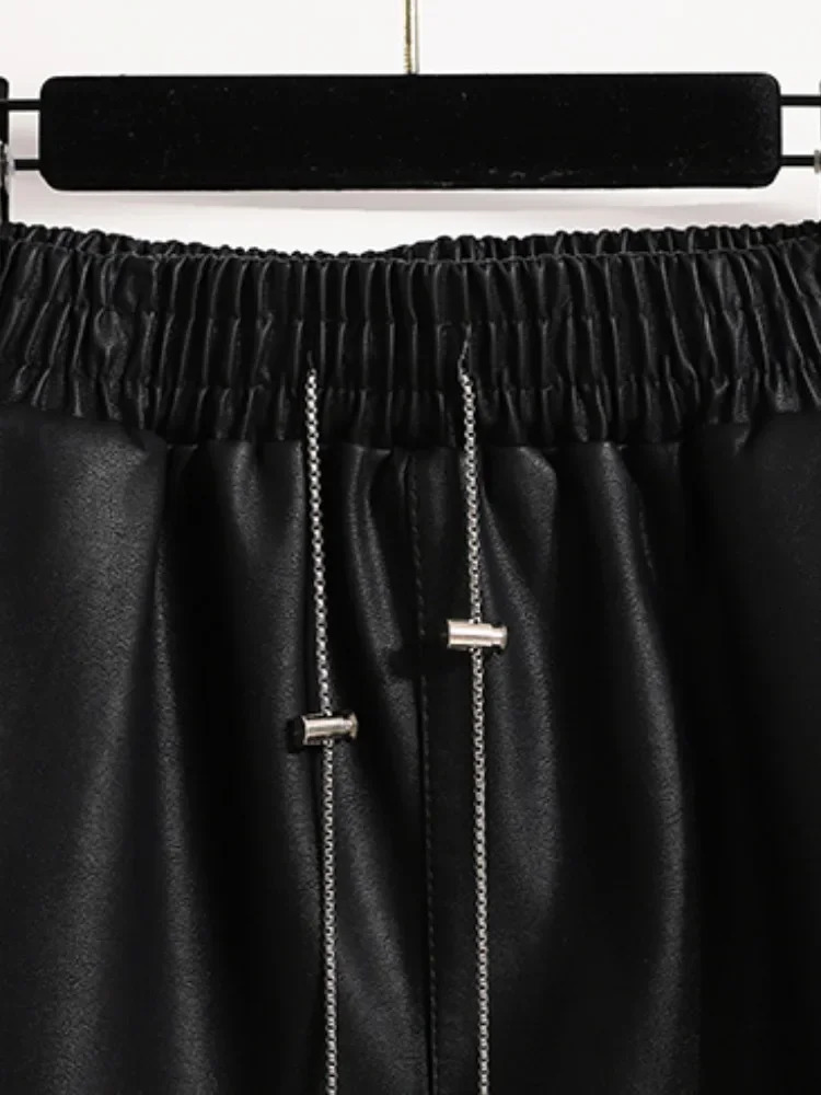 Womens Autumn Loose Wide Leg Shorts Womens High Waist Casual Pocket Shorts Womens PU Leather Shorts L531 241206