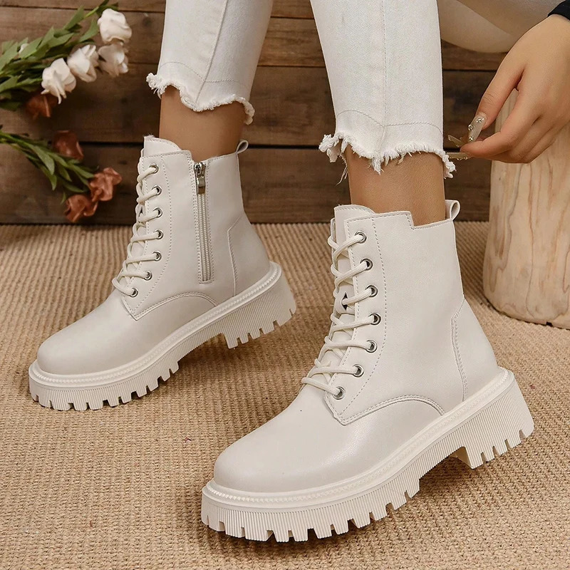 Winter Warm Short Plush Ankle Boots Fashion Zipper Lace Up Platform Combat Comfortable Low Pu Leather Botas Unprinted Good Product 241206
