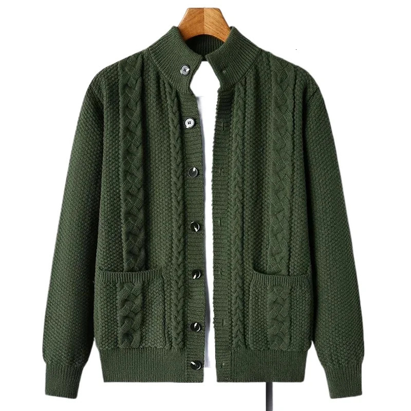 Mens diamond plain weave thick wool warm and fashionable long sleeved casual cardigan knitted sweater for men 241206