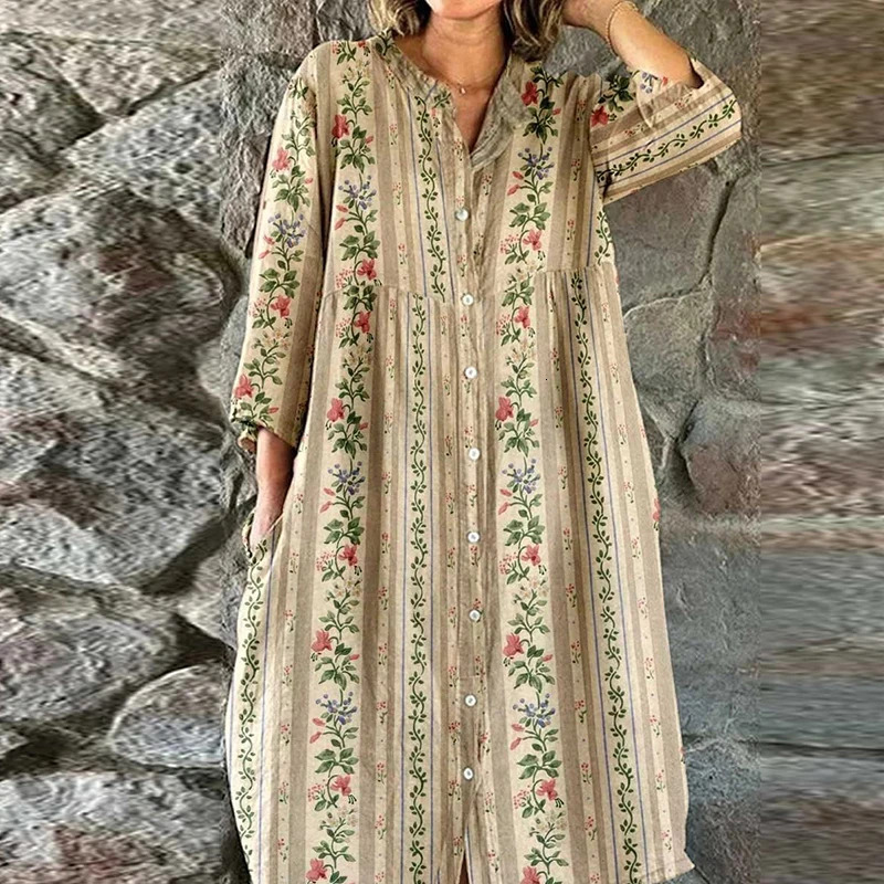 Bohemian Loose Single Breasted Women's Casual O-neck Pocket Commuting Spring Summer Print Long Sleeved Dress