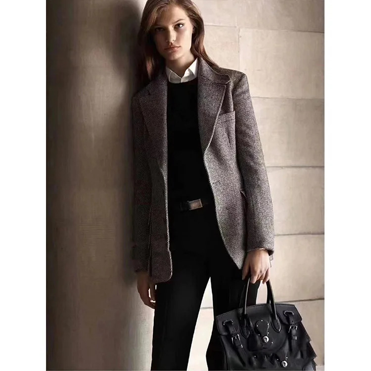 Wool Suit Herringbone Jacket 2025 Autumn And Winter Woolen Top Coats For Women 241202