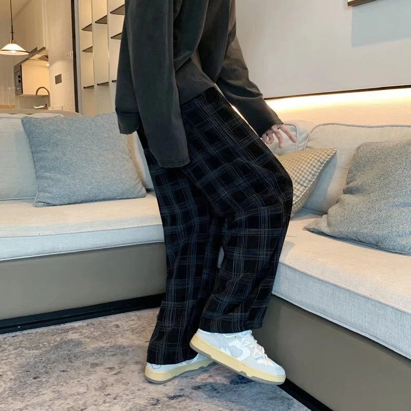 Mens checkered casual pants loose straight Corduroy sports mens fashionable streetwear 2023 spring hiphop Trouser 241206