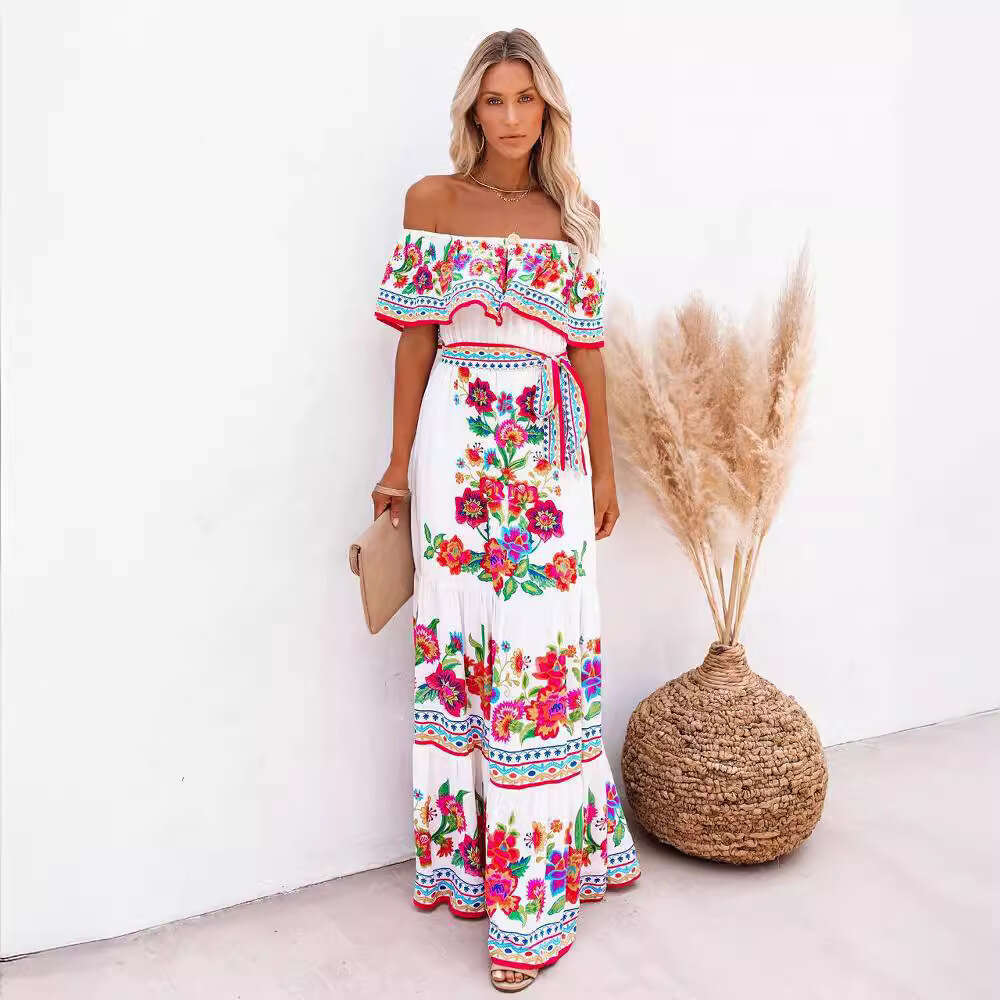European American Spring and Summer One Shoulder Red wer Printed Long Swing Dress 2024 New Casual Fashion Trendy Clothing
