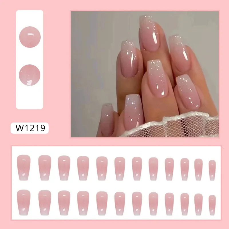 Girl Pink False Nails Shiny Golden Ripples Stiletto Fake Nails Detachable Oval Full Cover Press on Nails Tips Manicure 241206