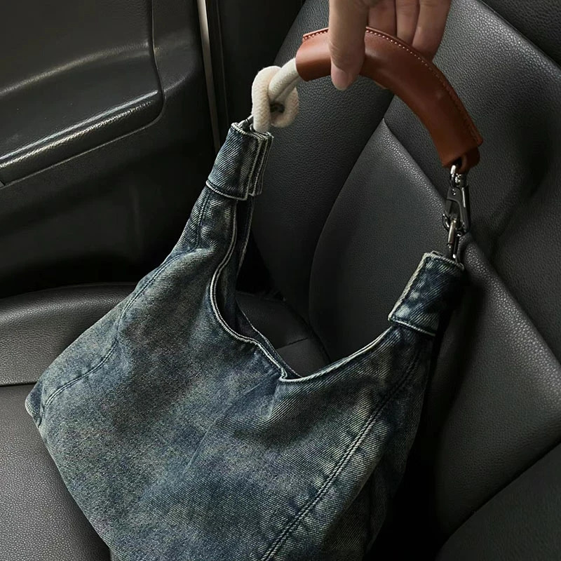 Vintage denim Y2k aesthetic handbag Korean fashion casual womens handbag fully matched fashion simple shoulder and lower arm bag 241205