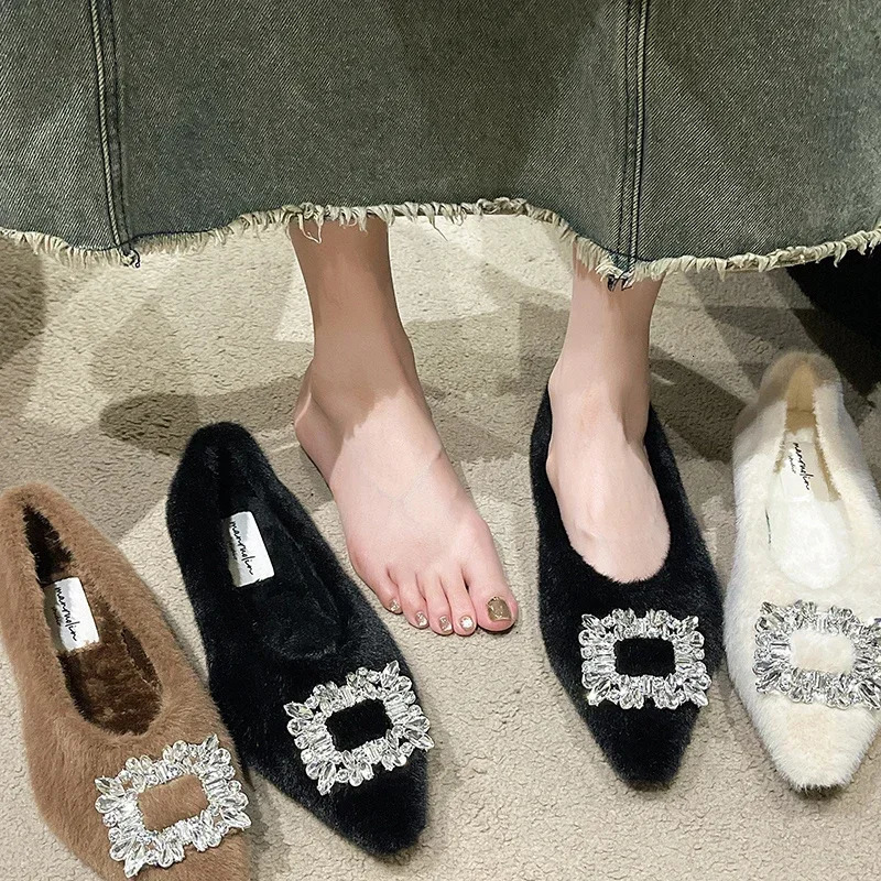 Winter shoes Pointed Toe crystal womens Loafers fur casual sports autumn boat comfortable dress Mocca 241206
