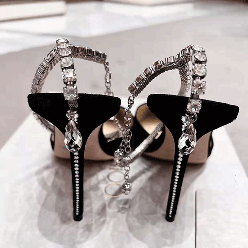 BVJC's new water diamond pointed straight buckle strap toe sandals with women's slim heel design, niche high heels