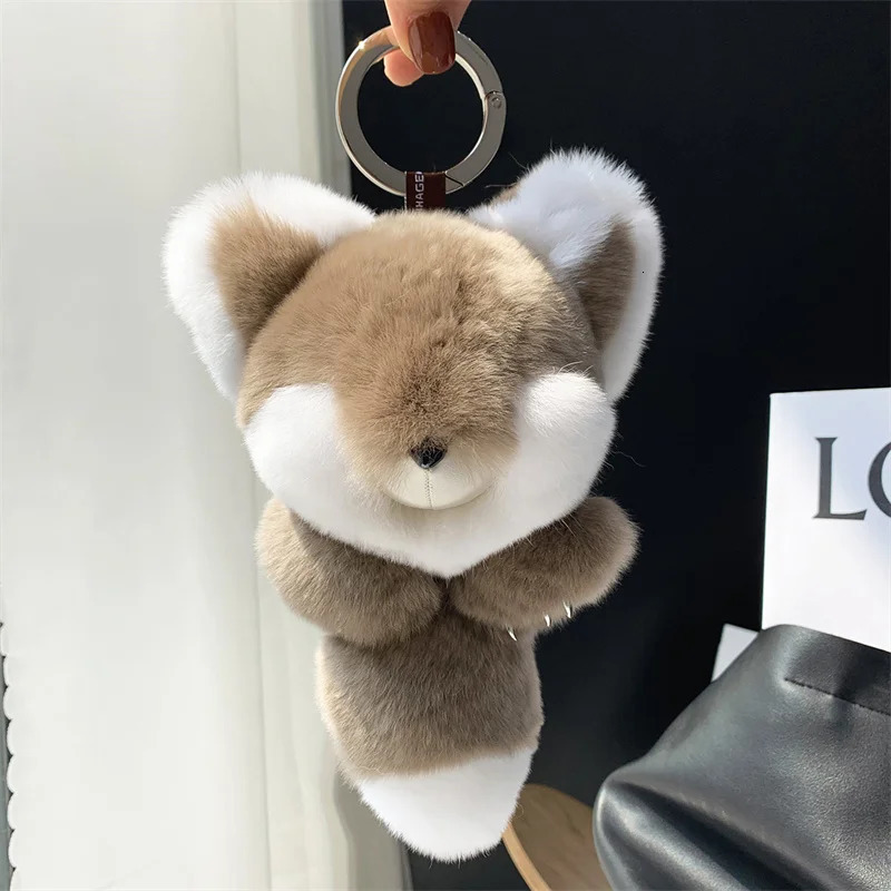 2024 Real Rex Rabbit Fur Fox Pendant Keychain Female Fluffy Fox Toy Pavilion Package Car Keychain Charm Girlfriend Gift Accessories 241206