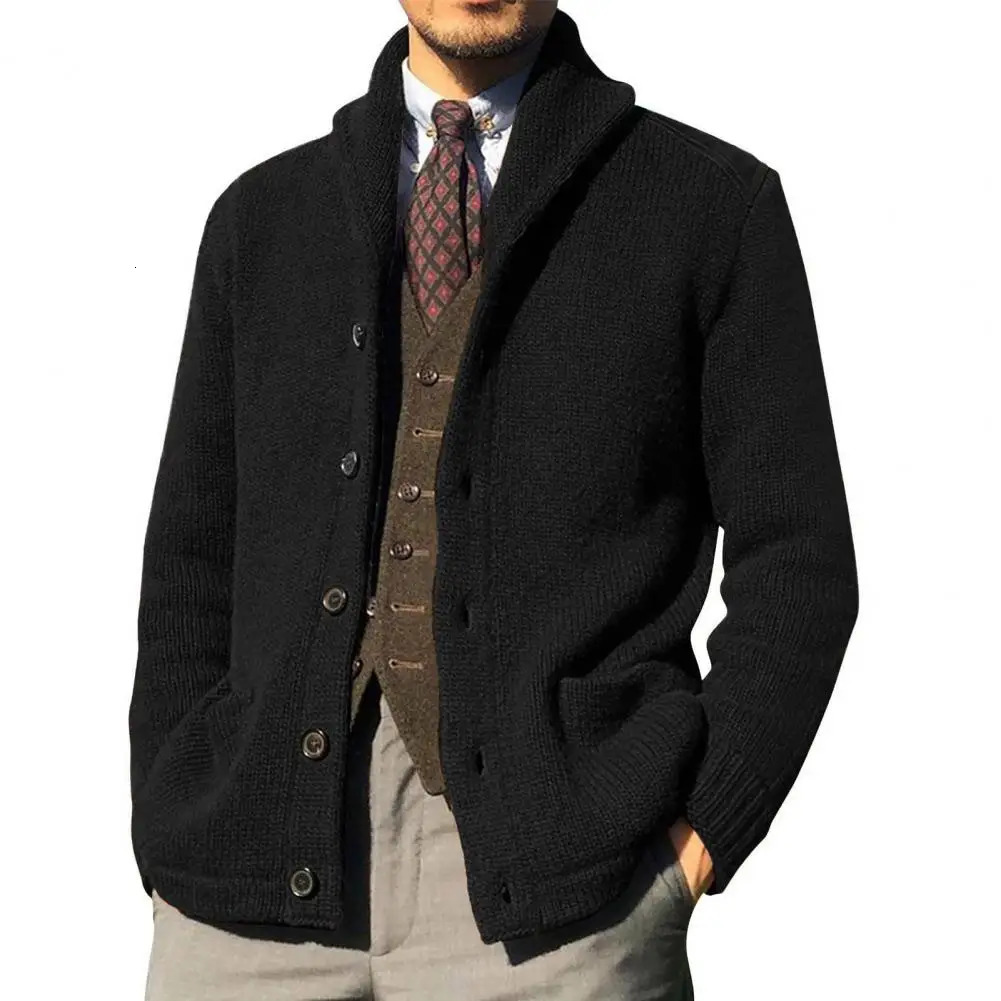 Fashionable leather touch cardigan thick and cold resistant mens autumn solid color button plaid knitted jacket 241206