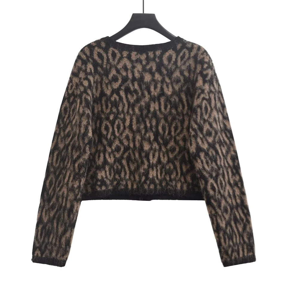 PB ZA autumn womens clothing style slim fit leopard print soft glutinous knitted top round neck cardigan short jacket 241203