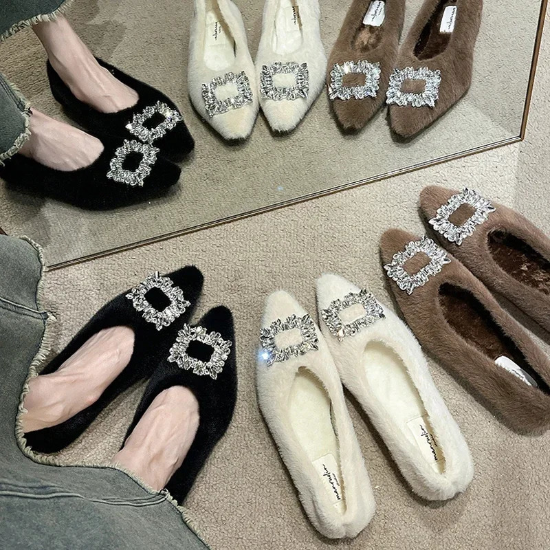 Winter shoes Pointed Toe crystal womens Loafers fur casual sports autumn boat comfortable dress Mocca 241206