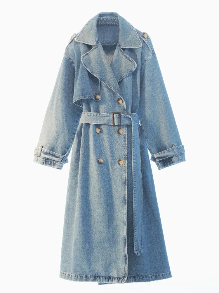 RR2418 X long denim trench coat womens belt slim jeans Jaqueta blue jacket 241206