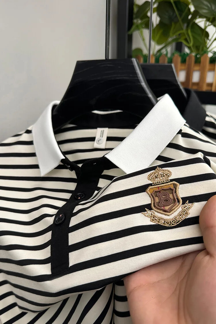 High end short sleeved polo shirt mens summer fashion personalized polo print striped breathable casual T-shirt 241206