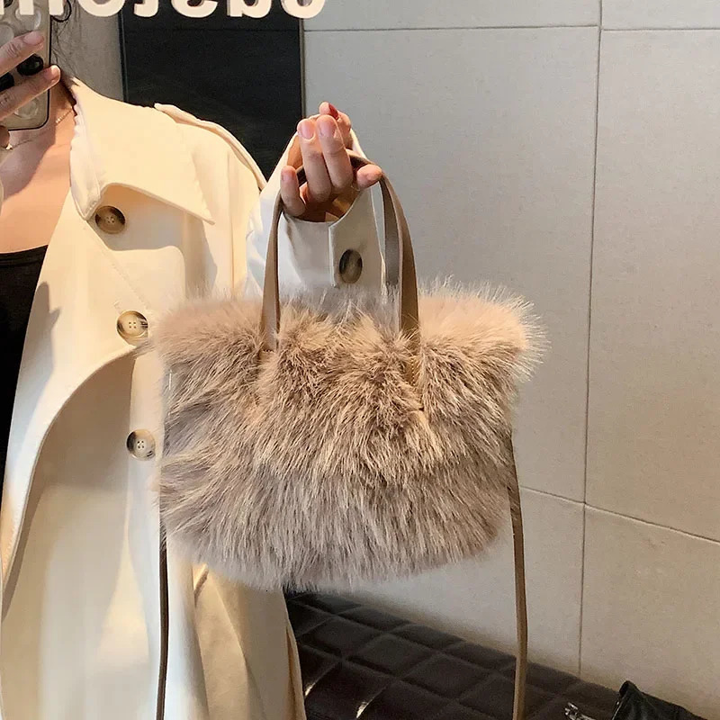Winter shoulder bag soft and fluffy artificial fur bag fashionable womens plush handbag casual zipper square messenger bag 241205