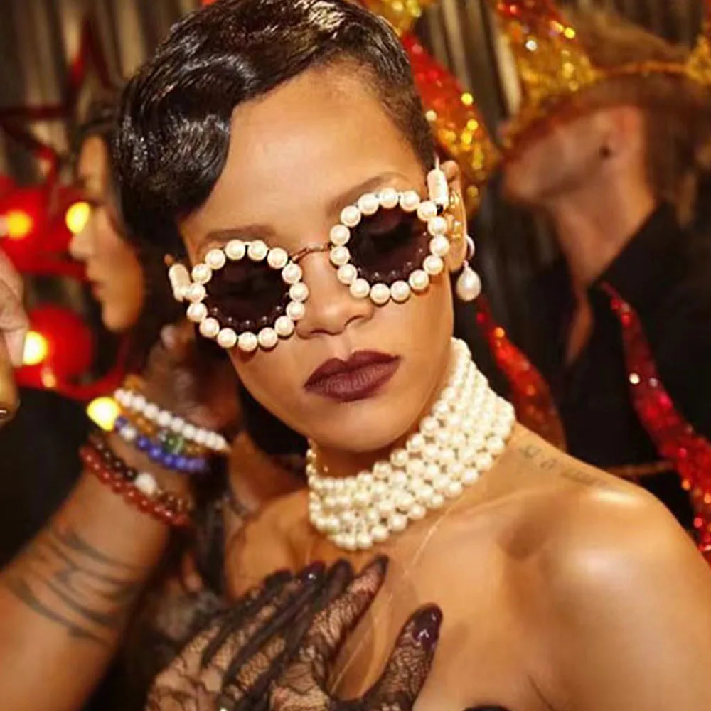 2024 Round Pearl Sunglasses Womens er Metal Mirror Womens Ocean Mirror UV400 241206