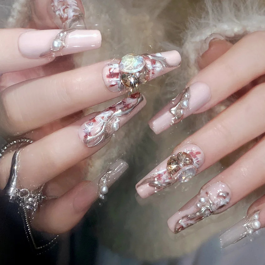 10PCS Hand-painted 3D embossed false nails advanced sparkling retro Fake nails 241206