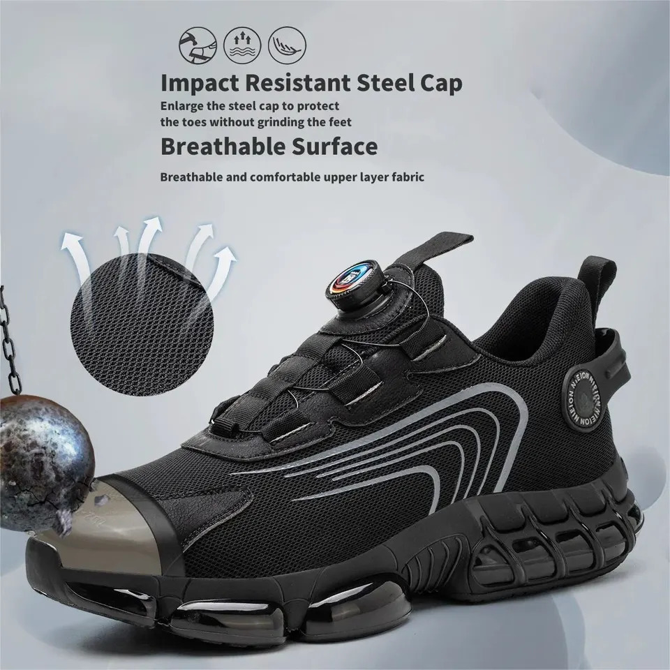 Rotating buckle work shoes protective shoes industrial safety perforated shock-absorbing steel toe caps 241206