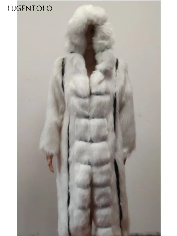 Womens faux fur coat for winter fashion and warmth X long size solid hooded loose seam 5XL elegant clothing 241202