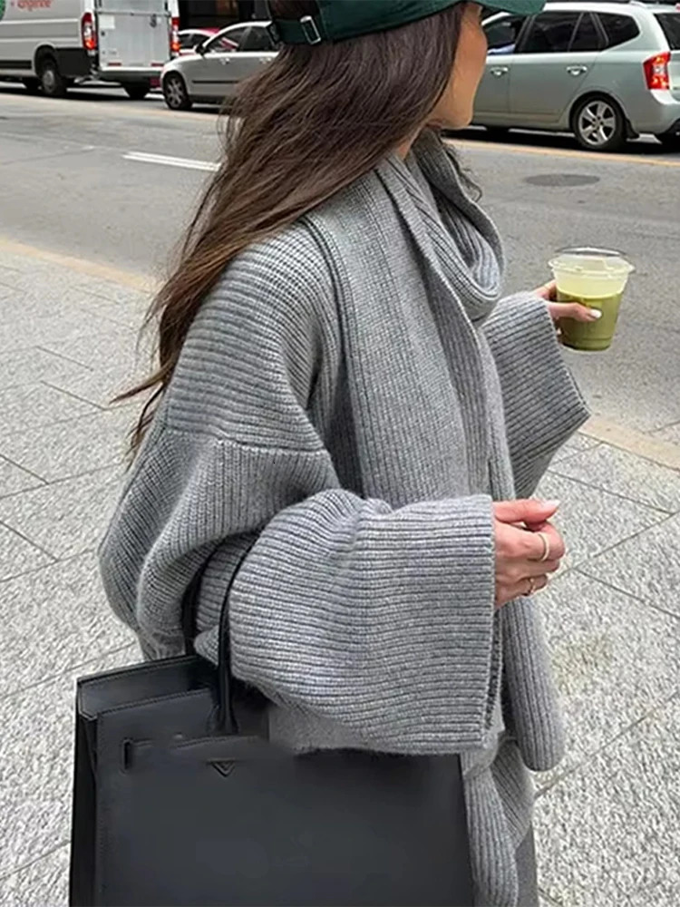 Elegant loose sweater with scarf womens solid full sleeves single chest O-neck womens pull-out fashionable loose womens knitted sweater 241205