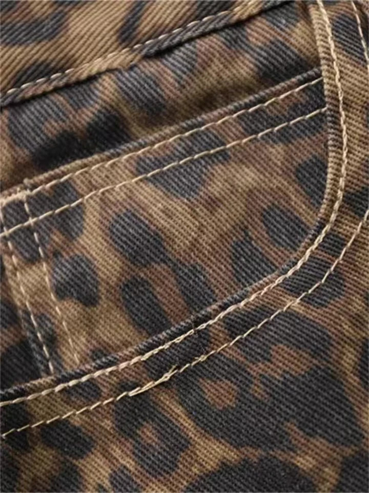 Tan Leopard Jean Denim Pants Female Oversize Wide Leg Trousers Streetwear Hip Hop Vintage Clothes Loose Casual 241203