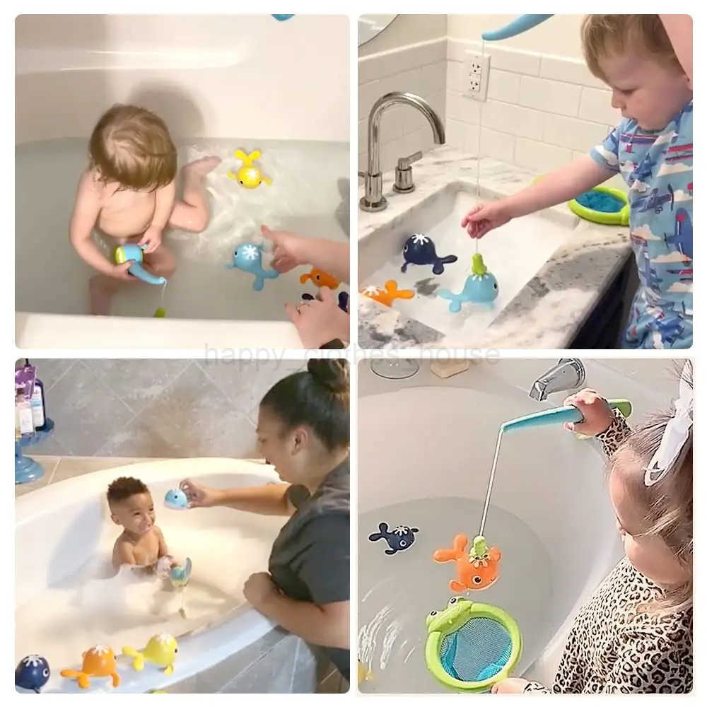 Magnet Baby Bath Fishing Toys Wind-up Swimming Whales Bathtub Toy Fishing Game Water Tub Toys Set with Fishing Pole Net for KidsXJ241207