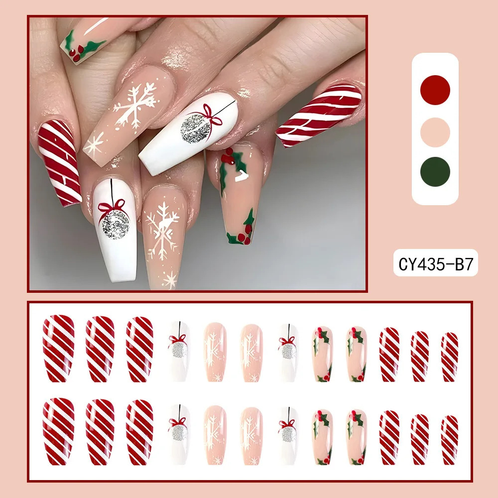 Christmas Press on Nails Green Red Christmas False Nails Reusable Acrylic Fake Nails 24pcs False Nail Set Almond Nail Charm 241206