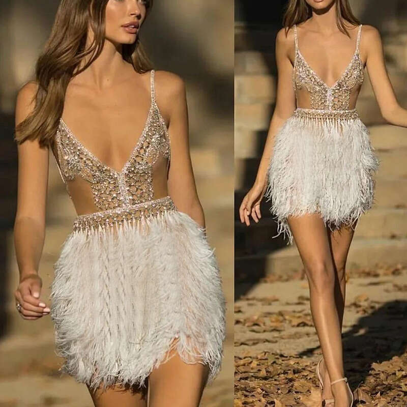 INS autumn winter European and American suspender V-neck feather sexy women's banquet evening dress 2024 temperament versatile new trendy clothin