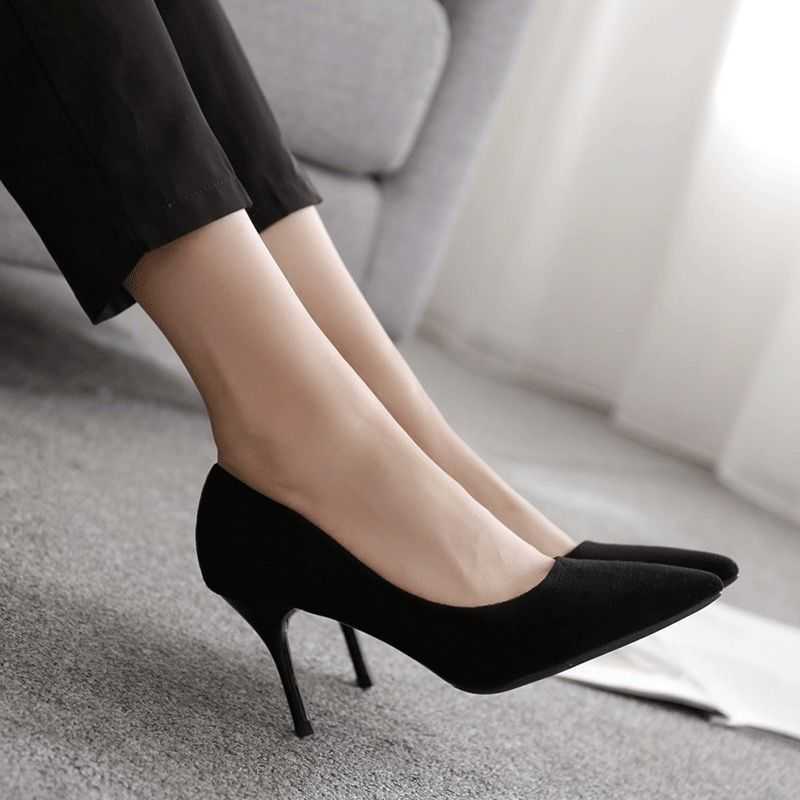 High heeled shoes for women Spring and Autumn new item black slim heel pointed shallow mouth suede professional shoes plus size ceremonial shoes