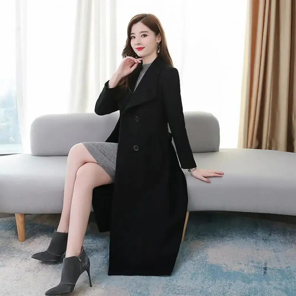 Loose Hem Warm Cold Resistant Lady Casual Double Breasted Pure Color Winter Woolen Coat for Work 241202