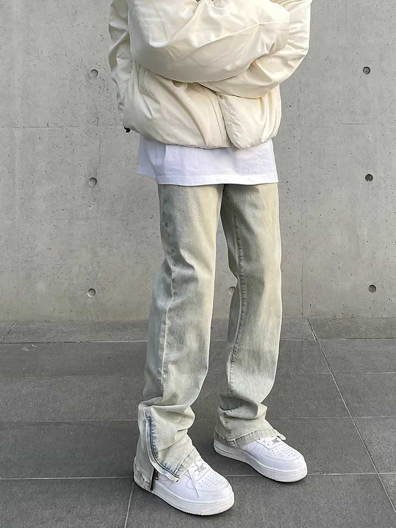 2025S Fashion Designer Quality American High Street Jeans Casual Straight Stretch Fashionable Retro Washed Pants Zipper Splicing Denim Trouser Mens Cl