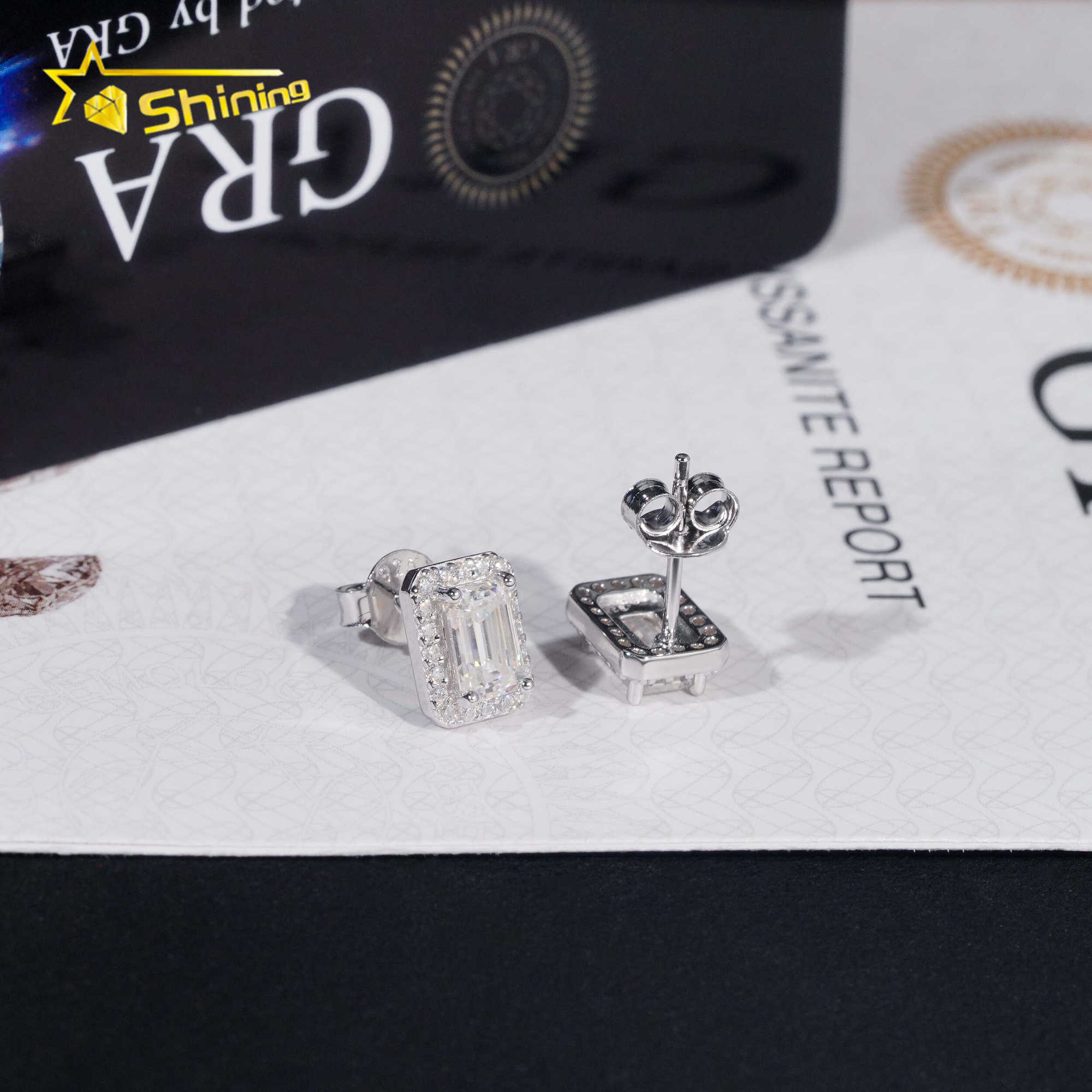 Emerald Cut Halo Earring Hip Hop Jewelry Iced Out VVS Diamond Moissanite White Gold Plated 925 Sterling Silver Stud Earrings