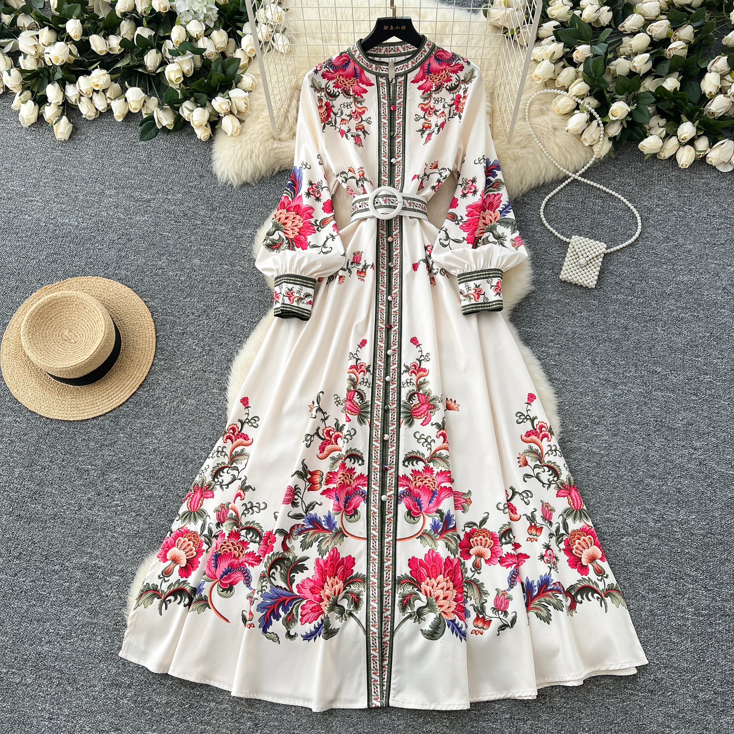 Casual Dresses 2025 Spring Vintage Flower Maxi Dress Women's Lantern Sleeve Stand Single-Breasted A-Line Floral Printed Belt Long Robe Vestidos