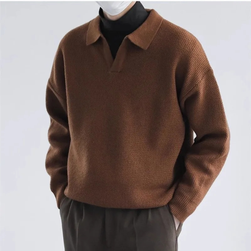 Winter casual knitted polo neck pullover mens solid color fashionable jacket retro knitted sweater Korean mens top 241206