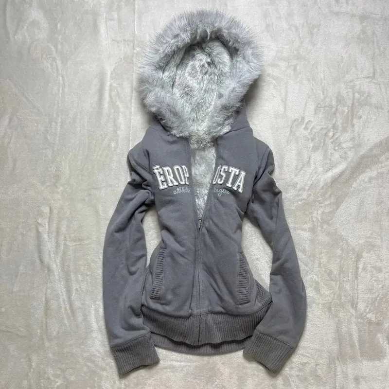 Vintage Strt Winter Coat Gothic Harajuku Trend Grey Thick Zipper Hoodie Womens Y2k Sportswear Slim Design Warm Jacket X241207
