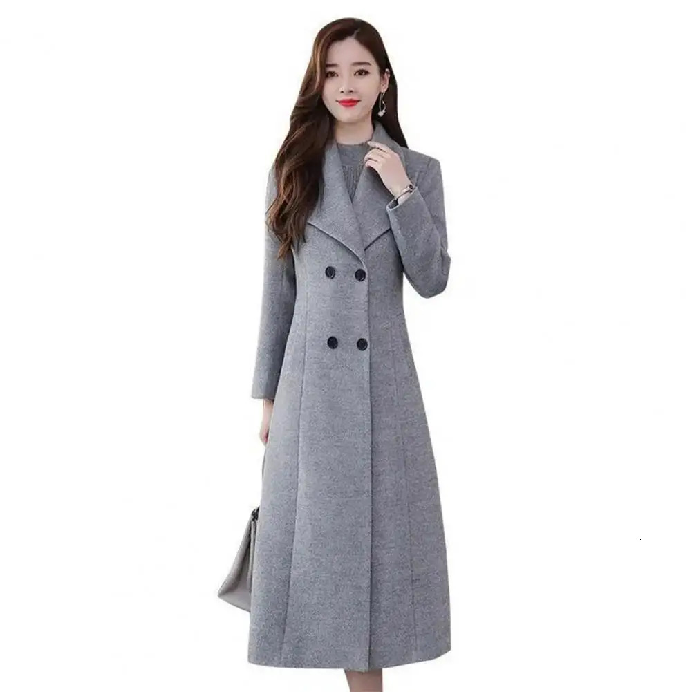 Loose Hem Warm Cold Resistant Lady Casual Double Breasted Pure Color Winter Woolen Coat for Work 241202