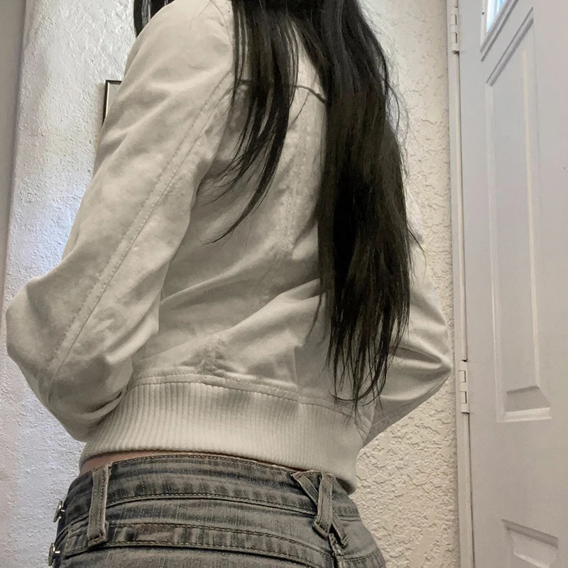 SUCHCUTE Retro Cut Jacket Womens Stand up Collar Solid Color Casual Ultra Thin Pocket Zipper Harajuku Safari Style 241206