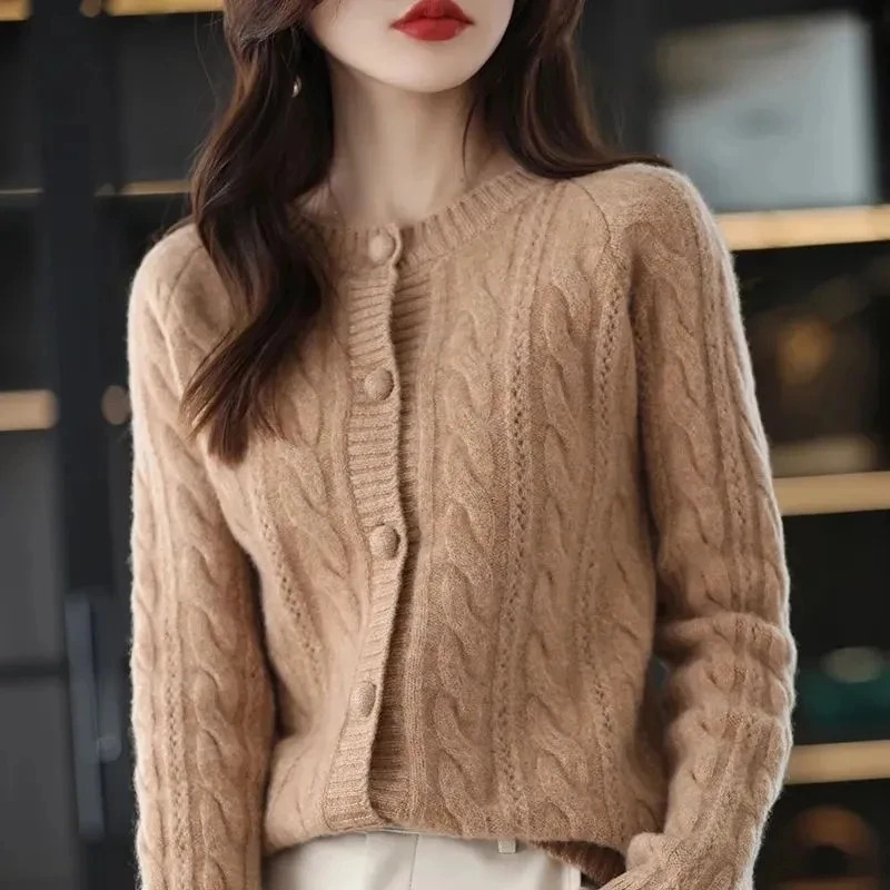 Womens spring and autumn knitted cardigan jacket casual round neck red top loose fashionable sweater 241206