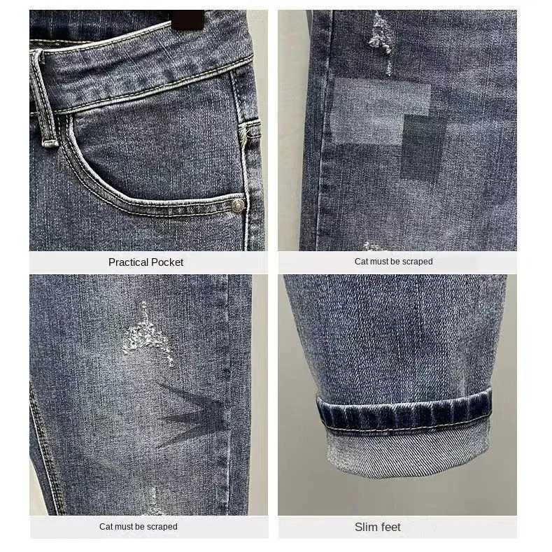 High Quality Newly arrived fashionable mens jeans with spliced cat whiskers torn and scratched luxurious clothing ultrathin fit tapered legs designer 