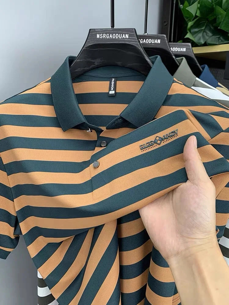 High end short sleeved mens polo shirt summer fashion striped exquisite button ice silk T-shirt 241206