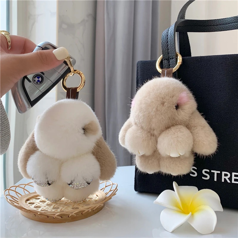 style handmade real mink rabbit charm keychain for women cute plush rabbit keybag for children car key decoration jewelry gifts 241206
