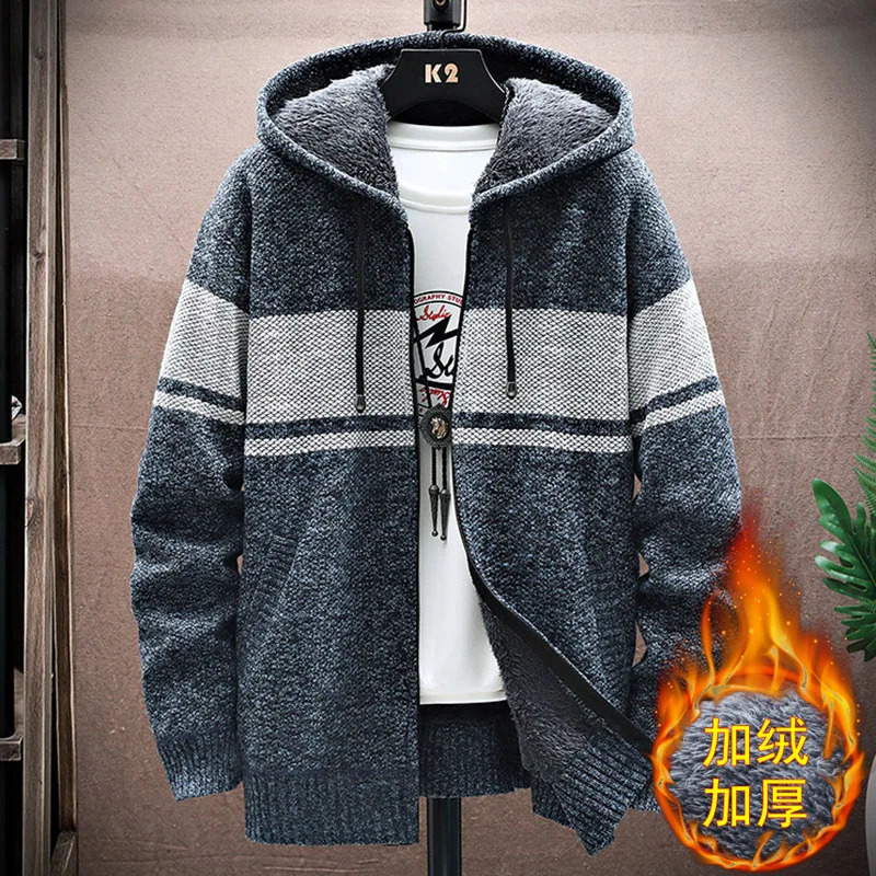 2023 Autumn Korean Hoodie Mens Sweater Thick Velvet Open Knitted Striped Jacket M4XL MY03 241206