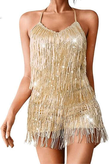 European and American solid color sequin suspender tail party short skirt tassel dress 2024 temperament versatile new trend clothing ins