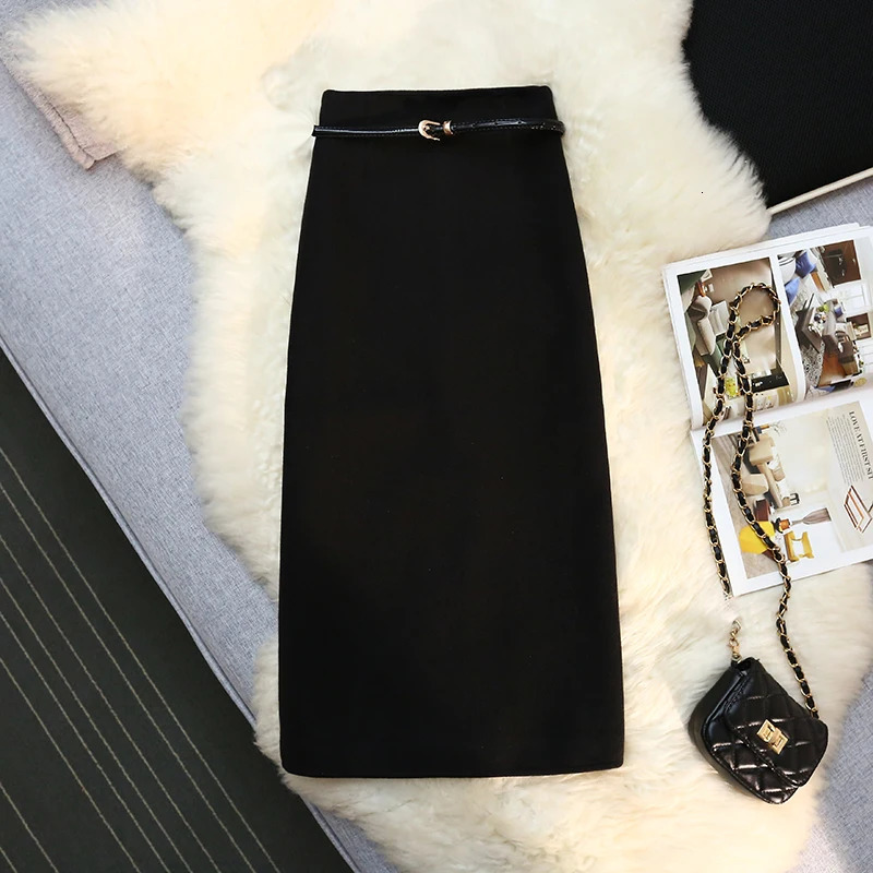 Autumn and Winter Wool Body Pencil Skirt Womens High Waist Split Waist Belt Knee Length Midi Skiing Fashion Womens Work Clothes 241205