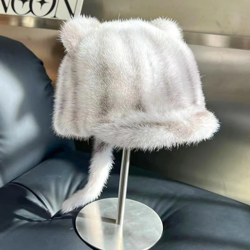 Real mink fur hat cute cat ear hat black small tail fur hat duckbill hat casual ear protection baseball hat 241206