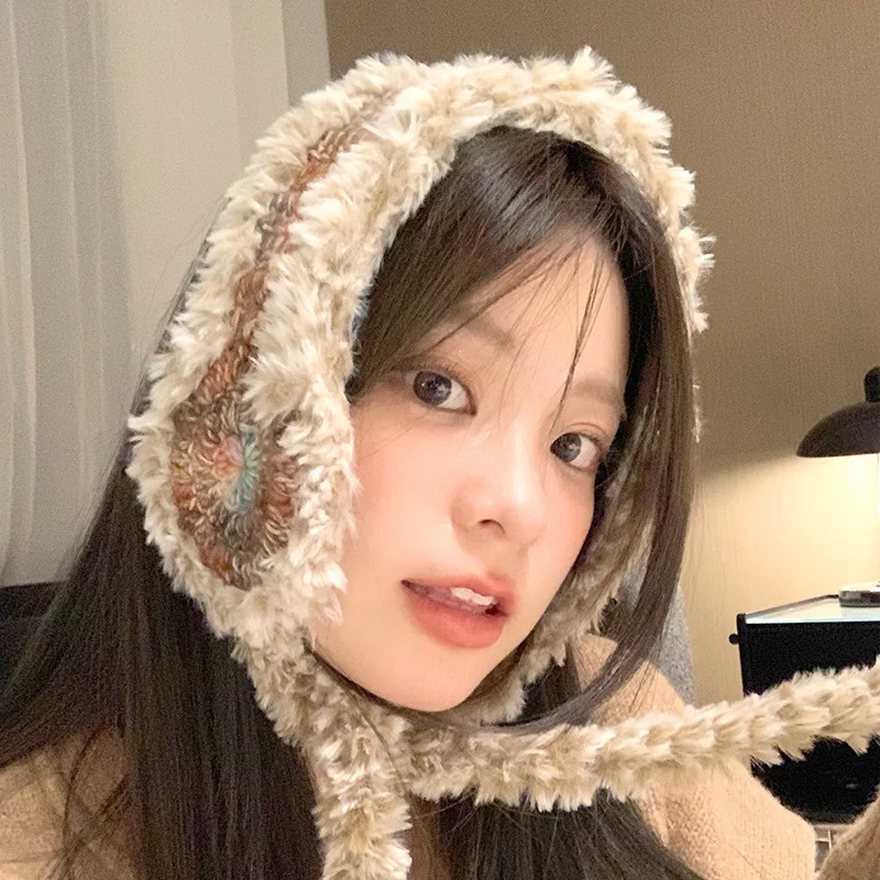 1 piece of gradient colored knitted earmuffs handmade wool flower with plush earmuffs Beanies warm windproof winter accessories 241205