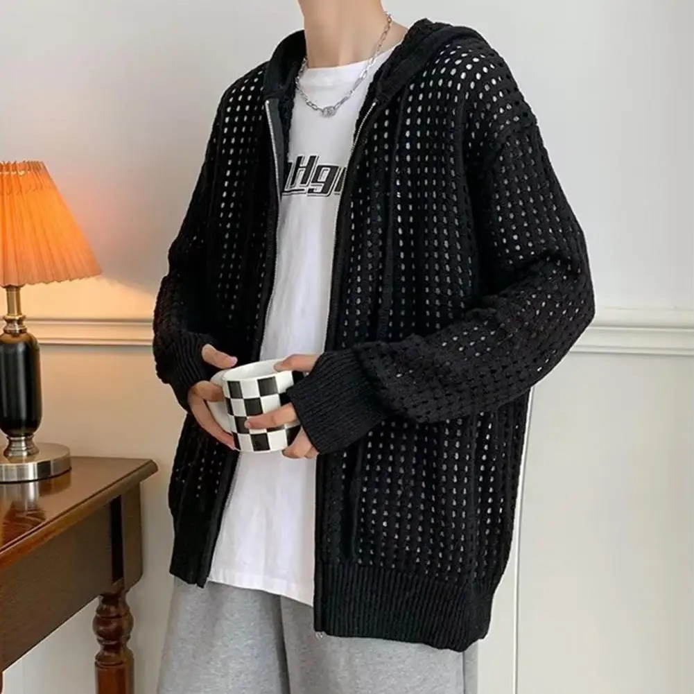 Mens long sleeved zipper closed solid hollow ultra soft mens hooded sweater jacket autumn cardigan wool 241206