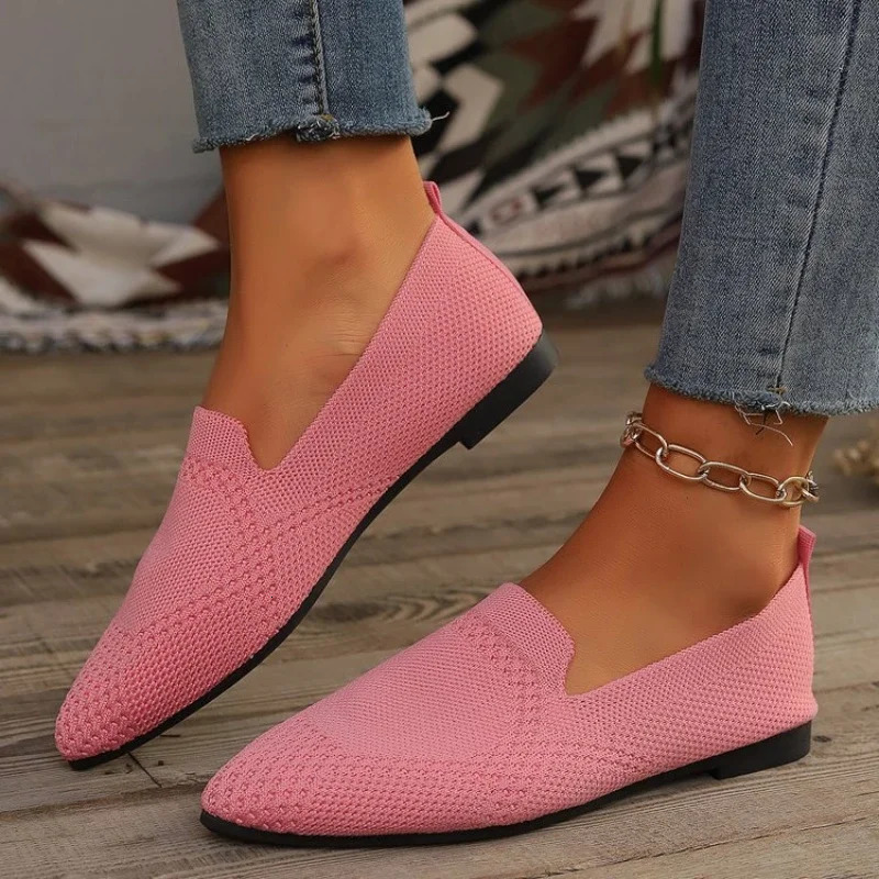 2024 solid color square toe mesh cushioned shallow womens flat shoes soft soled knitted ballet casual boat 241206
