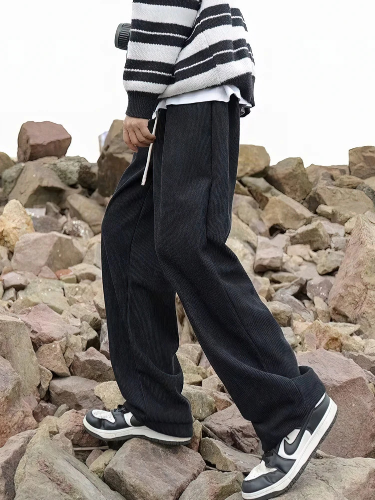 Corduroy straight casual pants mens sports hiking wide leg outdoor white retro 241206