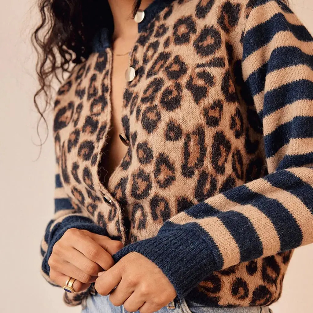 Combhasaki Womens Y2K Vintage Sweaters Aesthetic Striped Leopard Print Patchwork Buttondown Round Neck Loose Fit Knitwear Coat 241203