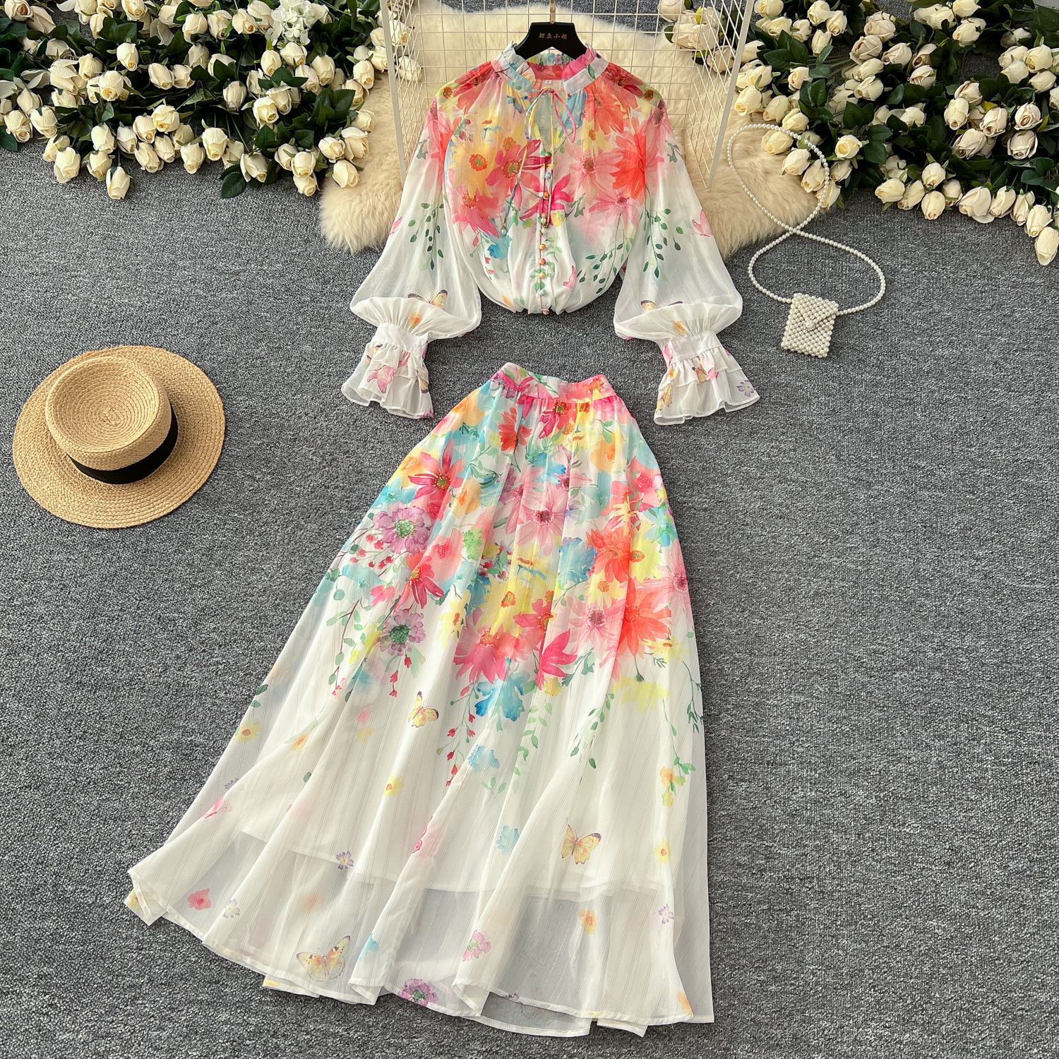 Two Piece Dress 2025 Fashion Runway Gorgeous Flower 2 Piece Set Women Bow Floral Print Long Flare Sleeve Tops High Waist Maxi Skirts Suit